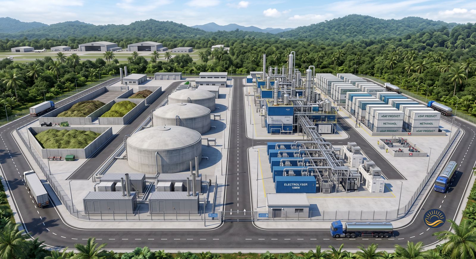 An aerial view of the Project Cendana site, a fenced compound split by a central avenue. On one side, concrete bunkers hold mounds of green palm waste beside three large anaerobic digestion tanks. On the other, a process plant with distillation columns stands alongside a containerised 10 MW electrolyser and rows of containers marked eSAF Product and Methanol. Tanker trucks wait on the perimeter road, with an airstrip, palms and forested hills beyond