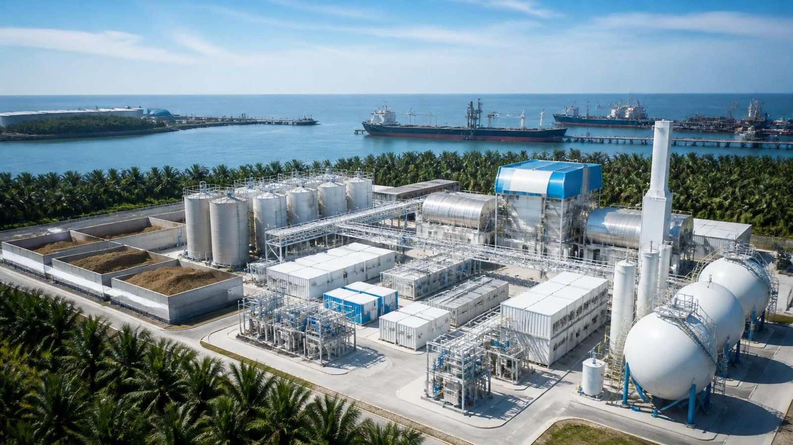 The Project Cendana facility on the Peninsular Malaysia coast: open bunkers of palm waste biomass in the foreground, anaerobic digestion silos, white containerised process units and spherical storage vessels, with palm plantations around the site and a deepwater port with bulk carriers behind